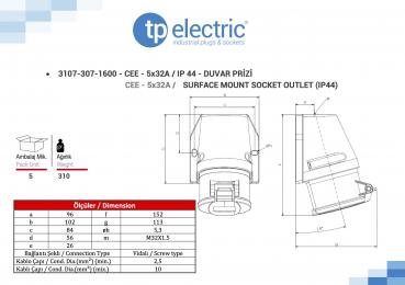 Preview: CEE Wandsteckdose 5P 32A 6h IP44